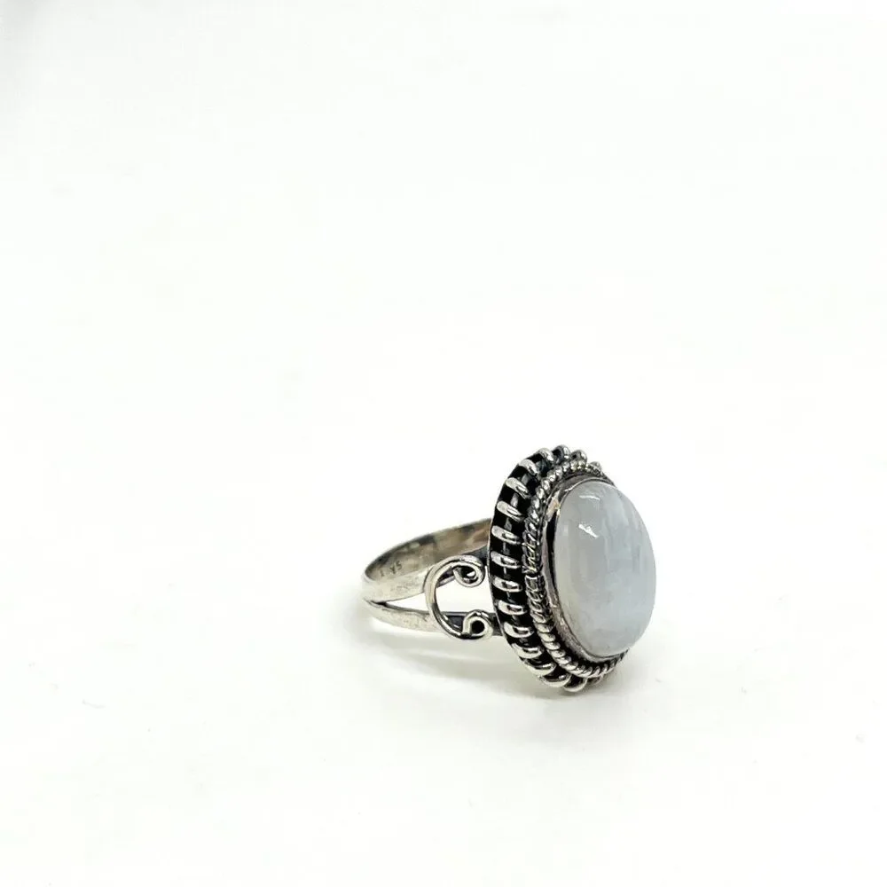 STERLING SILVER MOONSTONE Ring Oval Cabochon India  Signed Vintage Size 7.5